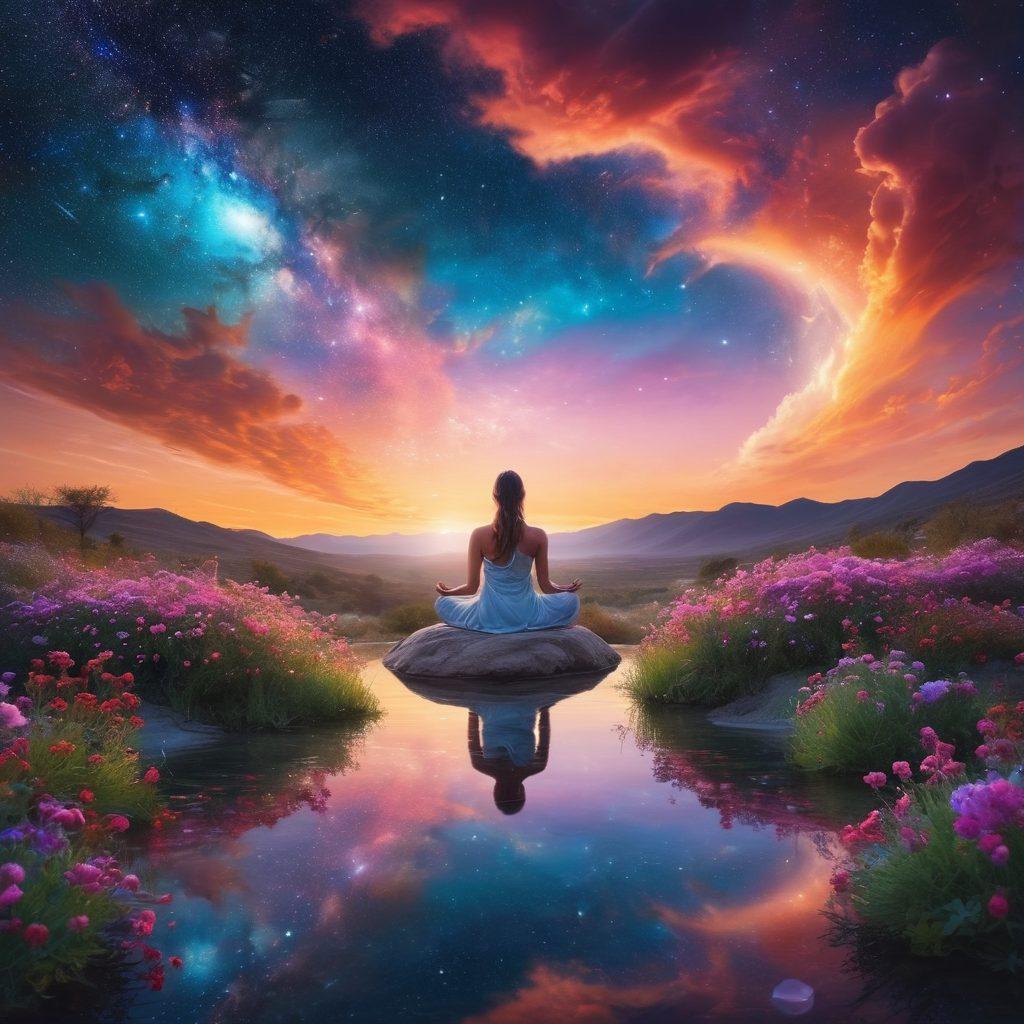 A serene cosmos filled with twinkling stars and swirling galaxies blending into a warm, radiant sunrise over a peaceful landscape. In the foreground, a figure practicing meditation, surrounded by blooming flowers symbolizing joy and contentment. Ethereal light spilling from the sky, creating a sense of harmony and bliss. surrealism. vibrant colors. dreamy atmosphere.