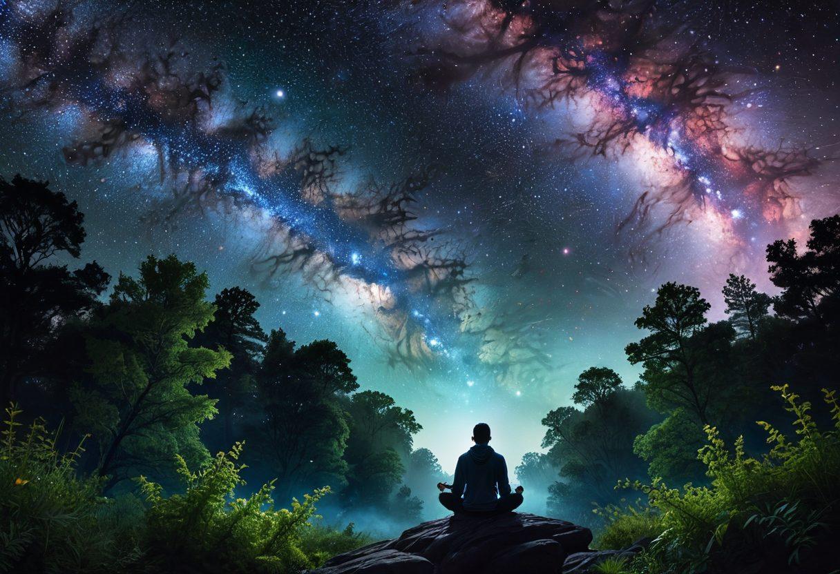 A serene cosmic landscape with vibrant galaxies and twinkling stars, intertwining with lush greenery symbolizing growth and bliss. A person meditating peacefully at the forefront, emanating beams of light reflecting joy. Celestial bodies like planets and comets adding depth to the scene. Super-realistic. Vibrant colors. Dark backdrop.