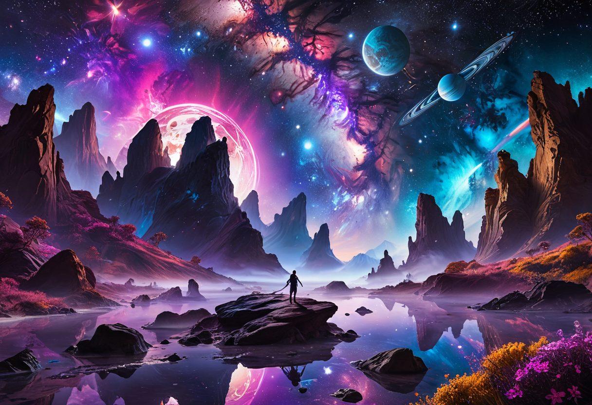 A breathtaking cosmic landscape featuring a luminous, swirling galaxy as a backdrop, with vibrant planets and sparkling stars. In the foreground, a group of diverse beings, each representing joy and positivity, are engaging in various activities like dancing and meditating. The scene embodies a sense of harmony and exploration, showcasing radiant colors that evoke elation and wonder. surreal style. vivid colors. cosmic theme.
